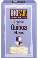 Biona Organic BioFair Quinoa Flakes 400g packaging, rich in protein and fiber for salads and dishes.