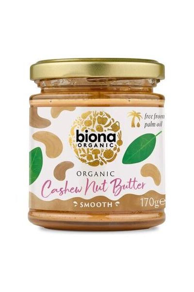 Biona Organic Cashew Nut Butter 170g in a glass jar with a gold lid, labeled smooth and palm oil free.