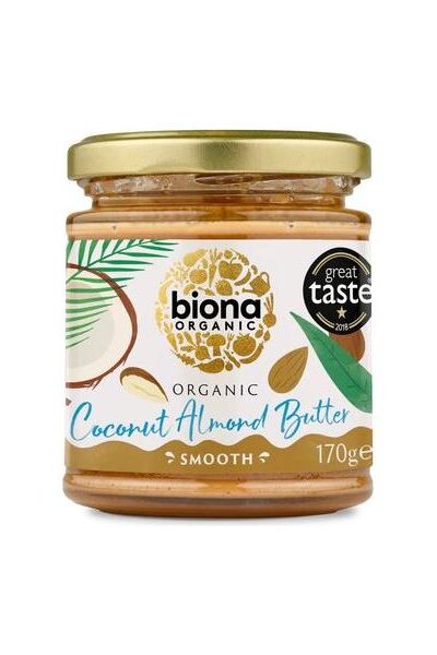 Biona Organic Coconut Almond Butter 170g jar with smooth texture and natural ingredients. Biona Organic Coconut Almond Butter 170g jar with smooth texture and natural ingredients.