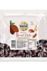 Biona Organic Dark Chocolate Coated Brazil Nuts packaging, 80g, made from organic, non-GMO ingredients.