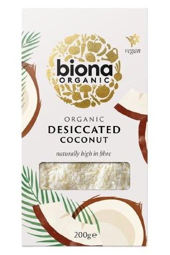 Biona Organic Desiccated Coconut 200g packaging, vegan, high in fiber, ideal for baking and recipes.
