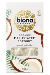 Biona Organic Desiccated Coconut 200g packaging, vegan, high in fiber, ideal for baking and recipes.