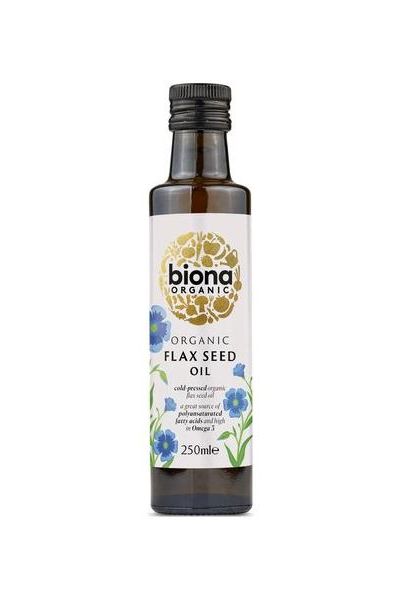 Biona Organic Flax Seed Oil 250 ml in a glass bottle, cold-pressed, rich in Omega 3, ideal for cooking.