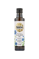 Biona Organic Flax Seed Oil 250 ml in a glass bottle, cold-pressed, rich in Omega 3, ideal for cooking.