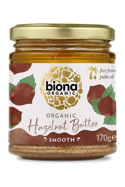 Biona Organic Hazelnut Butter jar, 170g, smooth, made from 100% organic hazelnuts, free from palm oil.