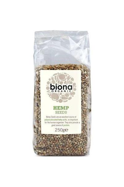 Biona Organic hemp seeds packed in a clear bag, showcasing the 250g label and organic certification.
