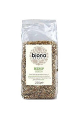 Biona Organic hemp seeds packed in a clear bag, showcasing the 250g label and organic certification.