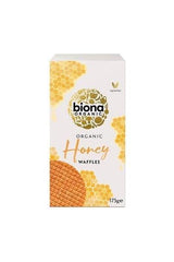 Biona Organic Honey Waffles packaging showing eco-friendly ingredients, 175g box.
