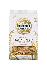 Biona Organic Italian Wholegrain Pasta 500g package featuring bronze extruded durum wheat, vegan friendly.