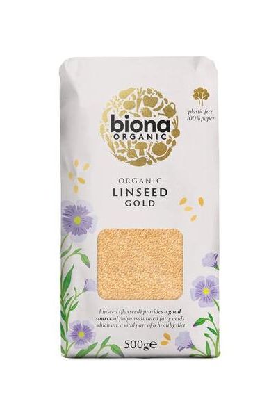 Biona Organic Linseed Gold 500g packaging, showcasing a natural source of omega fatty acids.