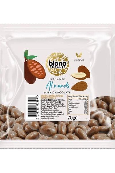Biona Organic milk chocolate coated almonds, 70g pack, featuring rich chocolate and crunchy almonds.