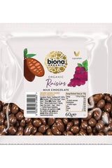 Biona Organic Milk Chocolate Coated Raisins in 60g packaging with cocoa and grape illustrations.