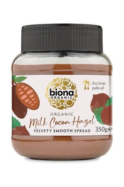 Biona Organic Milk Cocoa Hazel Spread 350g jar, velvety smooth, palm oil free, perfect for chocolate lovers.