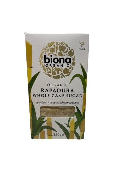 Biona Organic Rapadura Wholecane Sugar package, 250g, natural unrefined sugar for baking and desserts.