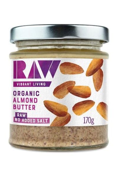 Biona Organic Raw Almond Butter 170g in a jar with no added salt and almonds on the label.