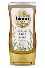 Biona Organic Rice Syrup 350g, a natural sweetener in a sleek bottle, perfect sugar substitute, rich and mellow flavor.