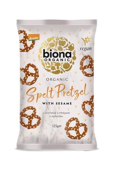 Biona Organic Spelt Pretzel with Sesame 125g package, featuring crunchy pretzels and vegan-friendly design.