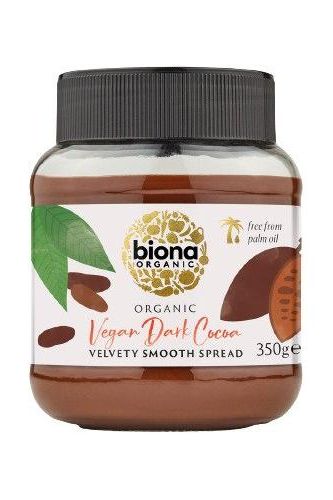 Biona Organic Vegan Dark Cocoa Spread jar, 350g, velvety smooth, made from organic ingredients, palm oil free.