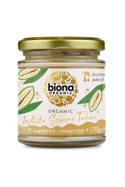Biona Organic White Sesame Tahini jar, smooth consistency, 170g, palm oil free, perfect for vegan recipes.