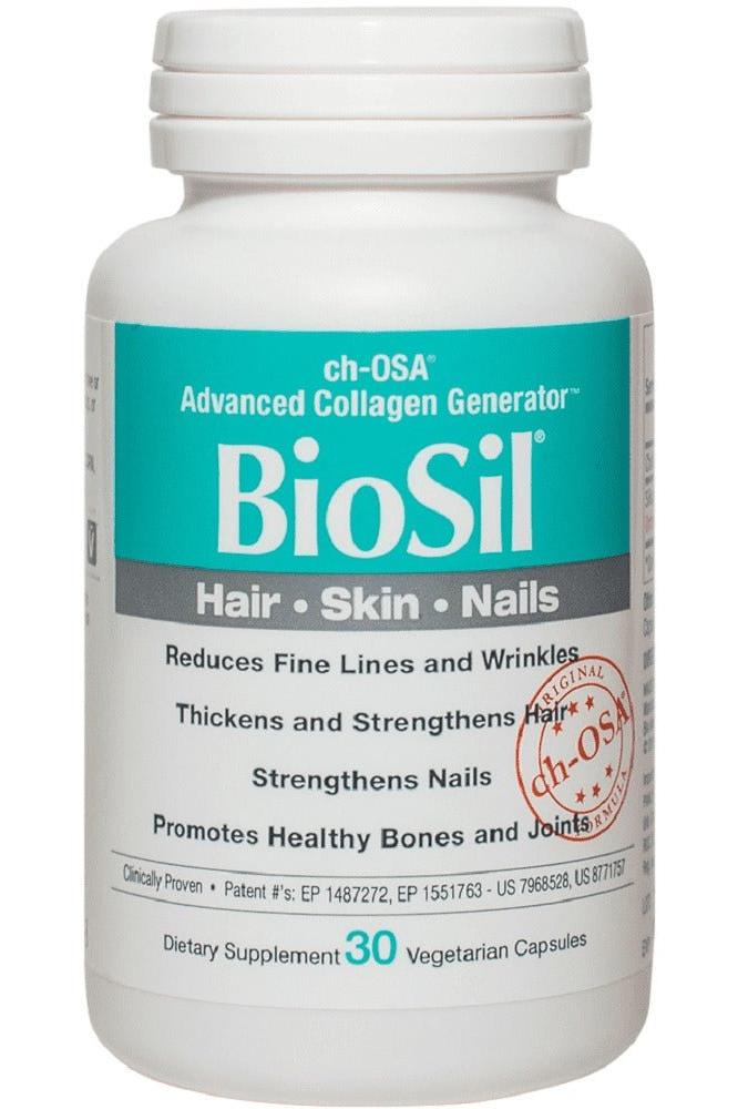 Biosil Advanced Collagen Generator supplement for hair, skin, and nails in a 30 vegetarian capsule bottle.