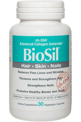 BioSil Advanced Collagen Generator supplement for healthy hair, skin, and nails in a bottle with 30 vegetarian capsules.