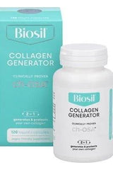 Biosil Collagen Generator bottle and packaging, promoting healthy hair, skin, and nails, 120 liquid capsules.