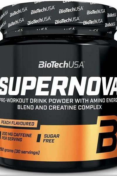 BioTech USA Supernova pre-workout drink powder in peach flavor, sugar-free, with creatine and 200 mg caffeine per serving.