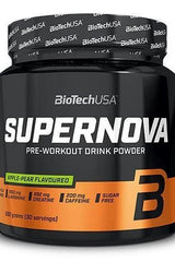 BioTech Supernova pre-workout drink powder jar, apple-pear flavor, 282 grams, sugar-free, with high caffeine and creatine.