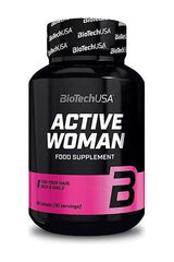 BioTechUSA Active Woman food supplement bottle with pink label for hair, skin, and nails, 60 tablets.