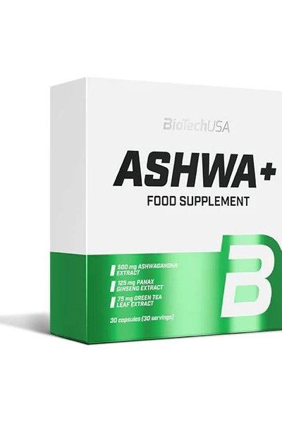 BioTech USA Ashwa+ food supplement packaging with Ashwagandha, ginseng, and green tea extract for wellness.