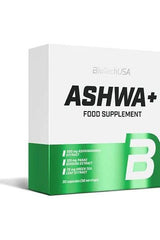 BioTech USA Ashwa+ food supplement packaging with Ashwagandha, ginseng, and green tea extract for wellness.