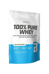 BioTechUSA 100% Pure Whey protein powder bag, milk rice flavor, gluten-free and preservative-free.