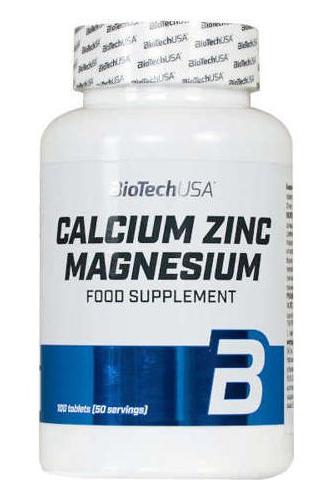 BioTechUSA Calcium Zinc Magnesium supplement bottle, containing 100 tablets for improved wellness.