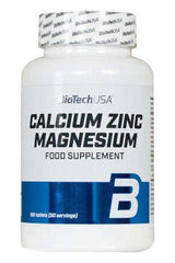 BioTechUSA Calcium Zinc Magnesium supplement bottle, containing 100 tablets for improved wellness.