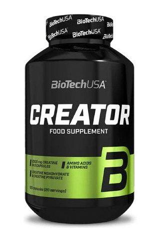 BioTechUSA Creator food supplement bottle with 120 capsules for strength and endurance enhancement.