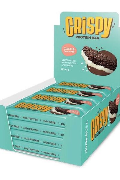 Crispy Protein Bar box by BioTechUSA, featuring gluten-free, high protein, and high fiber cocoa flavored bars.