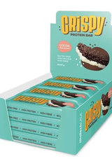Crispy Protein Bar box by BioTechUSA, featuring gluten-free, high protein, and high fiber cocoa flavored bars.