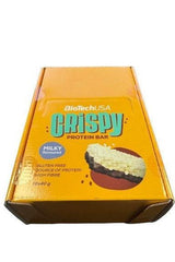 BioTechUSA Crispy Protein Bar box featuring gluten-free, high protein, and high fiber snack.