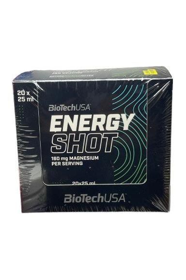BioTechUSA Energy Shot Lemon 20 x 25 ml packaging, featuring a powerful energy drink for training and performance.