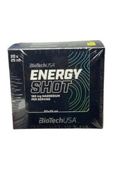 BioTechUSA Energy Shot Lemon 20 x 25 ml packaging, featuring a powerful energy drink for training and performance.