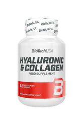 BioTechUSA Hyaluronic & Collagen dietary supplement bottle with 280 mg collagen per serving and 100 capsules.