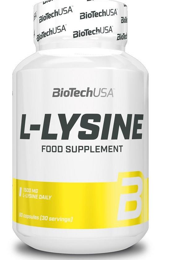 BioTechUSA L-Lysine supplement bottle with 90 capsules for immune support and collagen production.