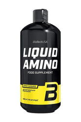 BioTechUSA Liquid Amino food supplement in lemon flavor, 1000 ml bottle, delivers 12 grams of amino acids per serving.