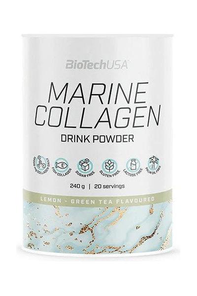 BioTechUSA Marine Collagen drink powder in lemon-green tea flavor, 240g, 20 servings, gluten-free and sugar-free.