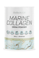 BioTechUSA Marine Collagen drink powder in lemon-green tea flavor, 240g, 20 servings, gluten-free and sugar-free.