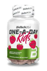 BioTechUSA One-A-Day Kids multivitamin with 90 strawberry-flavored chewing tablets suitable for ages 4 and up.