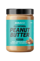 BioTechUSA all natural smooth peanut butter jar, vegan, palm oil free, no added sugar, source of protein.