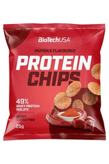 BioTechUSA Protein Chips in Paprika flavor, 25g pack with 49% whey protein isolate and no added sugar.