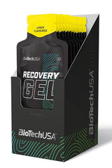 BioTechUSA Recovery Gel lemon flavored packs in display box, designed for fast consumption and convenience.