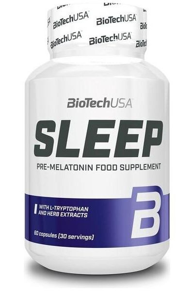 BioTechUSA Sleep supplement bottle with 60 capsules for better sleep quality and recovery.